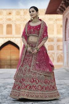 Pink Heavy embroidery with Hand Worked Pure velvet semi stitched lehenga