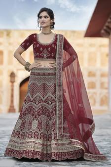 Maroon Heavy embroidery with Hand Worked Pure velvet semi stitched lehenga