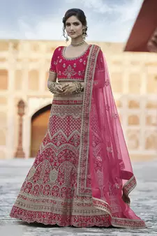 Pink Heavy embroidery with Hand Worked Pure velvet semi stitched lehenga
