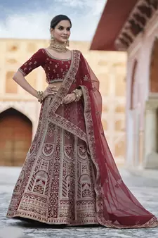 Maroon Heavy embroidery with Hand Worked Pure velvet semi stitched lehenga