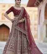 glamourous Maroon hand work and heavy embroidered velvet Semi Stitched Bridal Lehenga