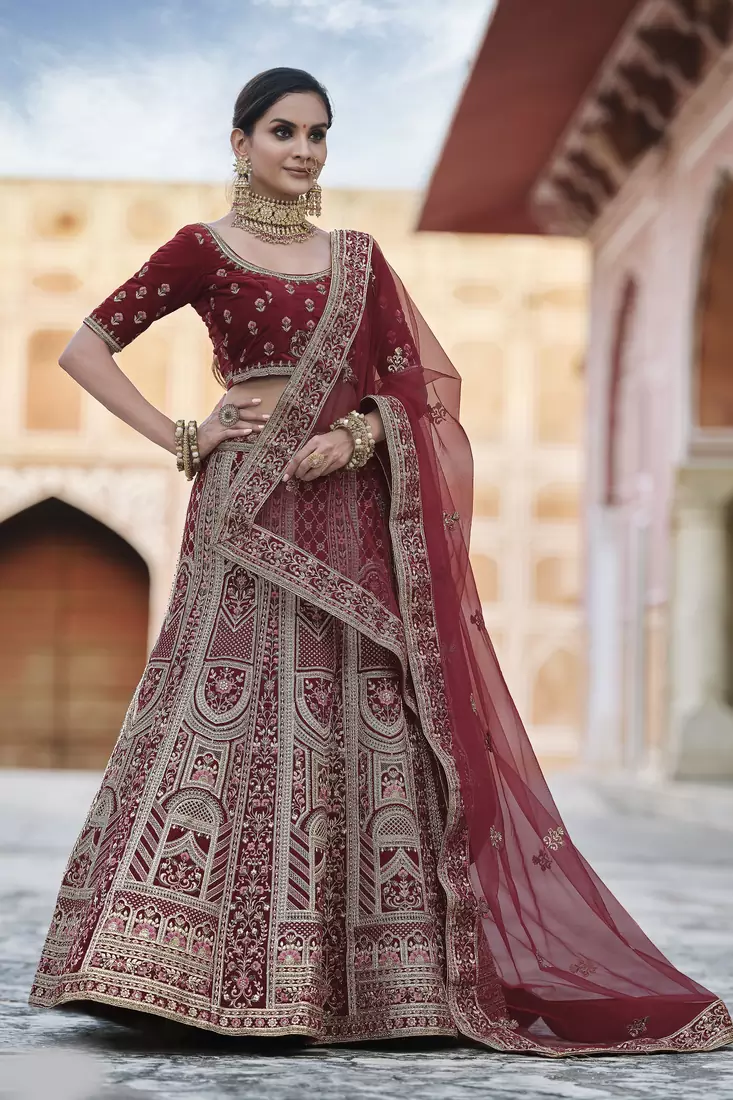 Maroon Heavy embroidery with Hand Worked Pure velvet semi stitched lehenga