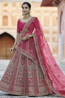 Pink Heavy embroidery with Hand Worked Pure velvet semi stitched lehenga