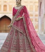 Glamorous Pink hand work and heavy embroidered velvet Semi Stitched wedding Lehenga