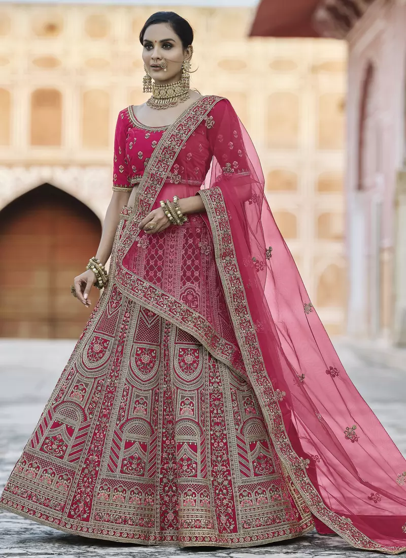 Pink Heavy embroidery with Hand Worked Pure velvet semi stitched lehenga