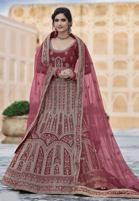 Auspicious Maroon hand work and heavy embroidered velvet Semi Stitched Bridal Lehenga 1
