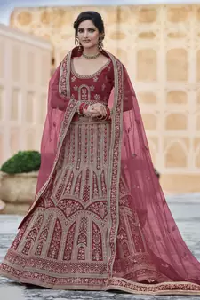 Maroon Heavy embroidery with Hand Worked Pure velvet semi stitched lehenga