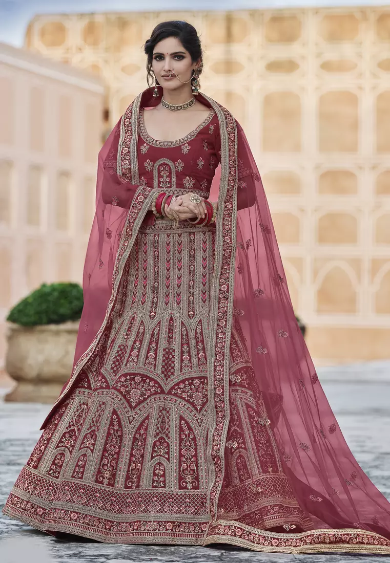 Maroon Heavy embroidery with Hand Worked Pure velvet semi stitched lehenga