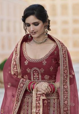 Auspicious Maroon hand work and heavy embroidered velvet Semi Stitched Bridal Lehenga 2