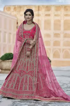 Pink embroidered velvet semi stitched lehenga