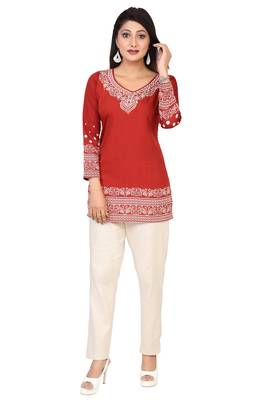 Orange printed crepe short-kurtis 1