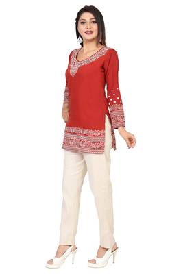 Orange printed crepe short-kurtis 3