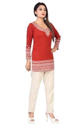 Orange printed crepe short-kurtis 4