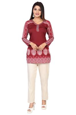 Maroon printed crepe short-kurtis 1