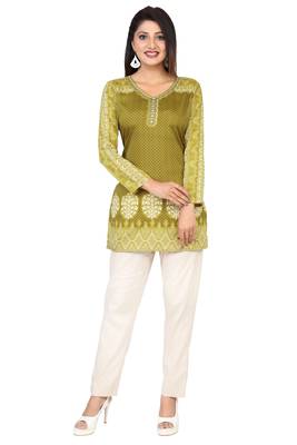 Olive printed crepe short-kurtis 1