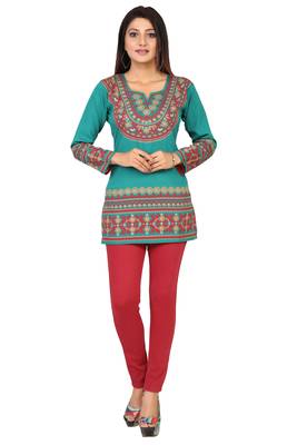 Green printed crepe short-kurtis 1
