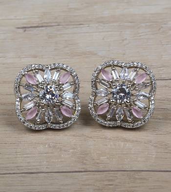 Rhodium Plated Pink Stone Embellished American Diamond Earring 216ED629 1
