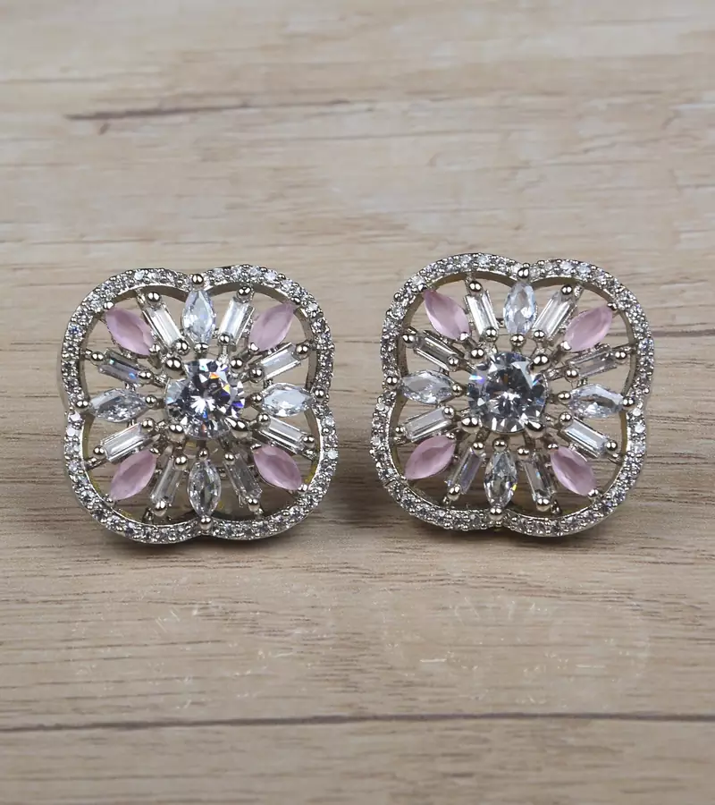 Rhodium Plated Pink Stone Embellished American Diamond Earring 216ED629