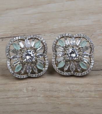 Rhodium Plated Mint Stone Embellished American Diamond Earring 216ED630 1