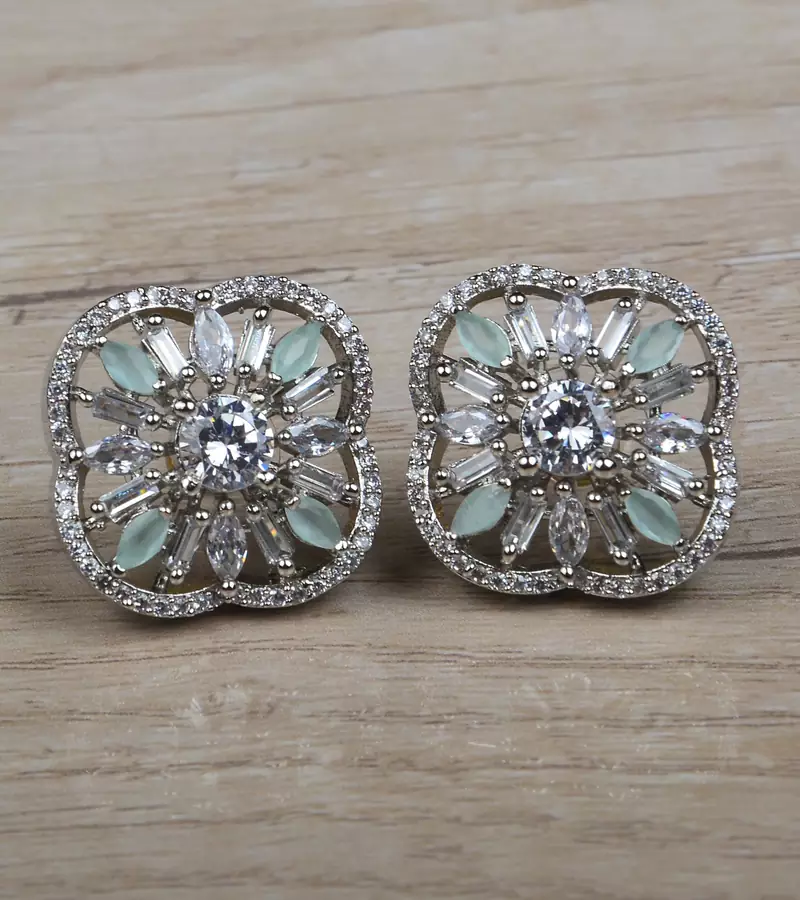 Rhodium Plated Mint Stone Embellished American Diamond Earring 216ED630