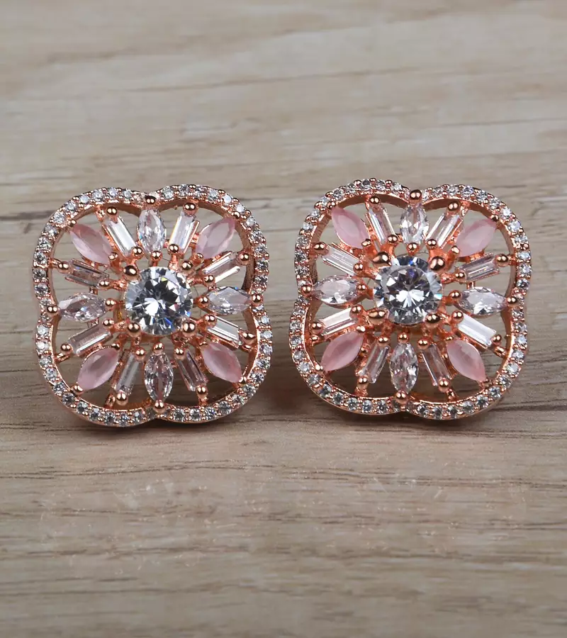 Rose Gold Plated Pink Embellished American Diamond Earrings 216ED631
