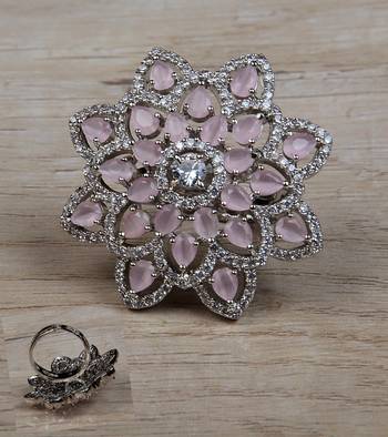 Rhodium Plated Pink Stone Embellished Adjustable American Diamond Ring 216ED635 1