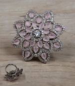 Rhodium Plated Pink Stone Embellished Adjustable American Diamond Ring 216ED635