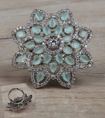 Rhodium Plated Mint Stone Embellished Adjustable American Diamond Ring 216ED637 1