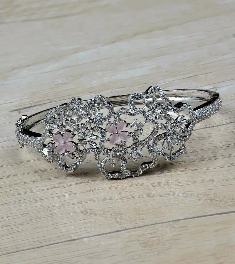 Rhodium Plated Pink Stone Embellished American Diamond Bracelet BD602