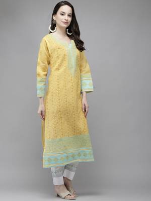 Ada Hand Embroidered Yellow Cotton Lucknow Chikan Women Kurta - A273547 1