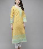 Ada Hand Embroidered Yellow Cotton Lucknow Chikan Women Kurta - A273547