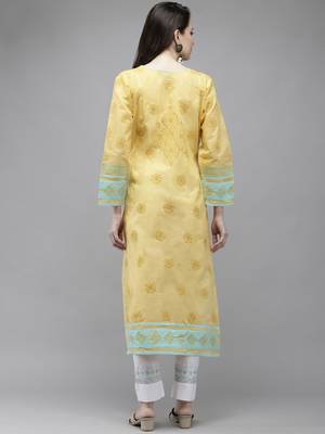 Ada Hand Embroidered Yellow Cotton Lucknow Chikan Women Kurta - A273547 2