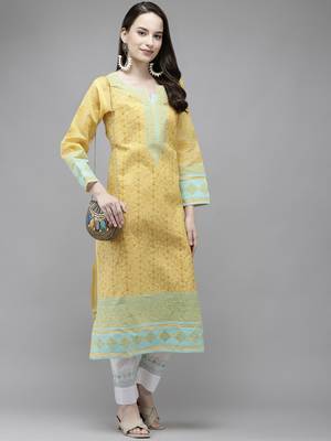 Ada Hand Embroidered Yellow Cotton Lucknow Chikan Women Kurta - A273547 3