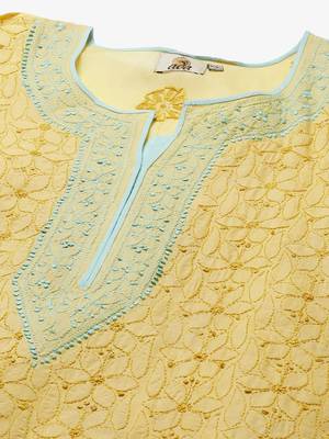 Ada Hand Embroidered Yellow Cotton Lucknow Chikan Women Kurta - A273547 4
