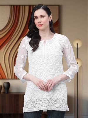 Hand Embroidered White Georgette Lucknow Chikankari Women Short Kurti With Slip 1