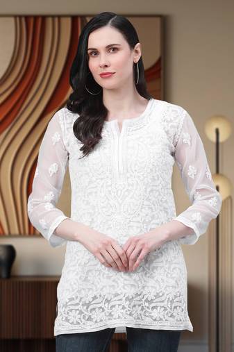 Hand Embroidered White Georgette Lucknow Chikankari Women Short Kurti With Slip