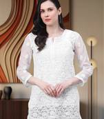 Hand Embroidered White Georgette Lucknow Chikankari Women Short Kurti With Slip