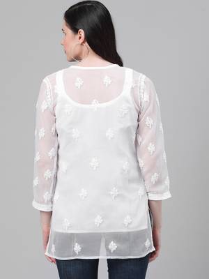 Hand Embroidered White Georgette Lucknow Chikankari Women Short Kurti With Slip 2
