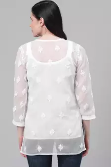 Hand Embroidered White Georgette Lucknow Chikankari Women Short Kurti With Slip