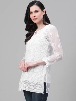 Hand Embroidered White Georgette Lucknow Chikankari Women Short Kurti With Slip 3
