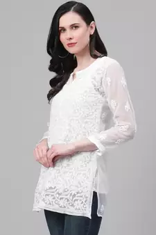 Hand Embroidered White Georgette Lucknow Chikankari Women Short Kurti With Slip
