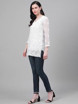 Hand Embroidered White Georgette Lucknow Chikankari Women Short Kurti With Slip 4