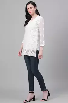 Hand Embroidered White Georgette Lucknow Chikankari Women Short Kurti With Slip