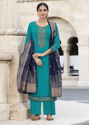 Aqua-blue embroidered georgette salwar 1