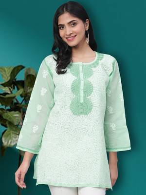 Hand Embroidered Sea Green Cotton Lucknow Chikan Women Short Kurti 1