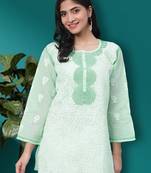 Hand Embroidered Sea Green Cotton Lucknow Chikan Women Short Kurti