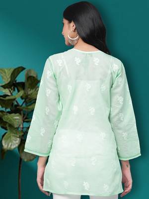 Hand Embroidered Sea Green Cotton Lucknow Chikan Women Short Kurti 2