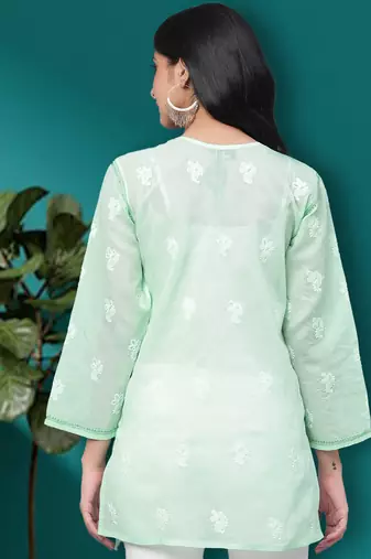 Hand Embroidered Sea Green Cotton Lucknow Chikan Women Short Kurti