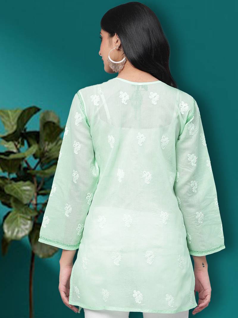 Hand Embroidered Sea Green Cotton Lucknow Chikan Women Short Kurti
