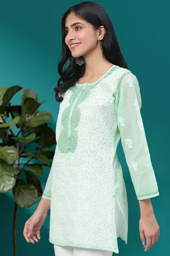 Hand Embroidered Sea Green Cotton Lucknow Chikan Women Short Kurti